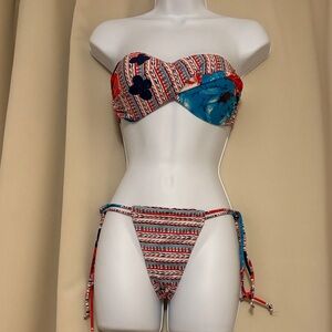 Liquido Red & Blue Striped Bandeau Bikini Set M- New